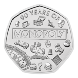 The reverse of the 2025 90 Years of MONOPOLY 50p coin.
